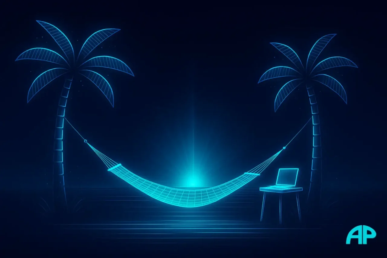 A glowing turquoise hammock between two digital palm trees with a laptop on a neon cyan table, symbolizing freedom business lifestyle and independence.