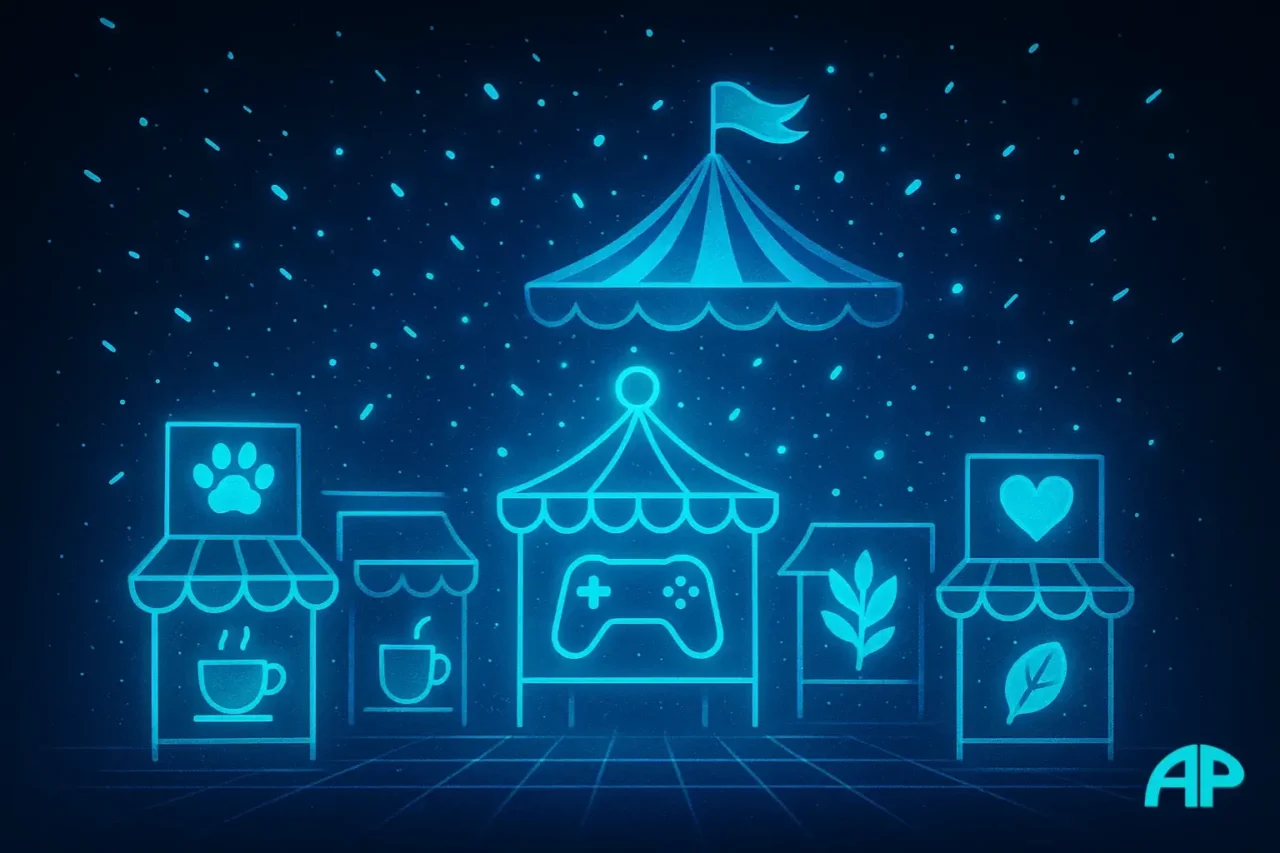 A futuristic digital carnival floating in space with glowing turquoise stalls showcasing quirky icons like a cat paw, coffee cup, game controller, leaf, and heart.