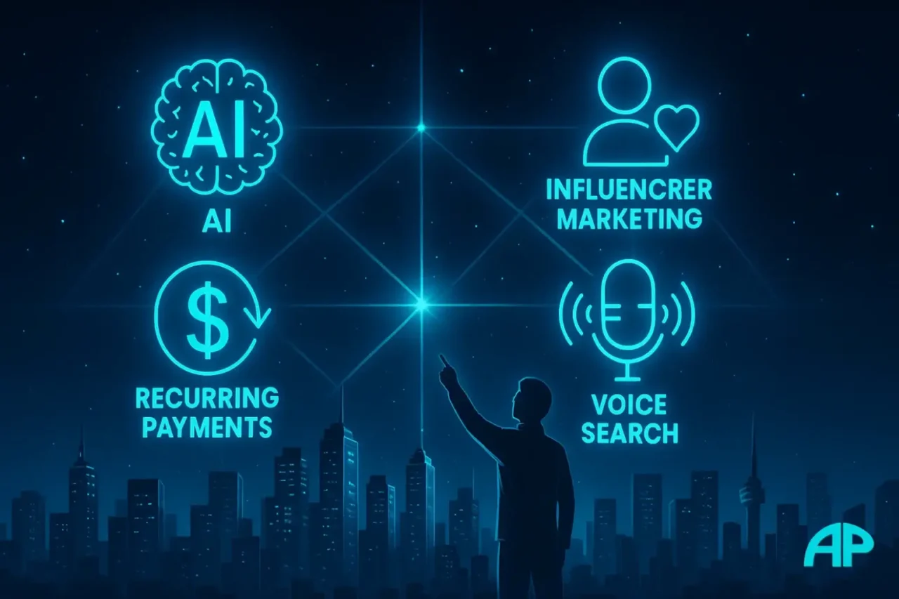 Futuristic skyline with holographic icons of AI, influencer marketing, recurring payments, and voice search connected by glowing turquoise beams.