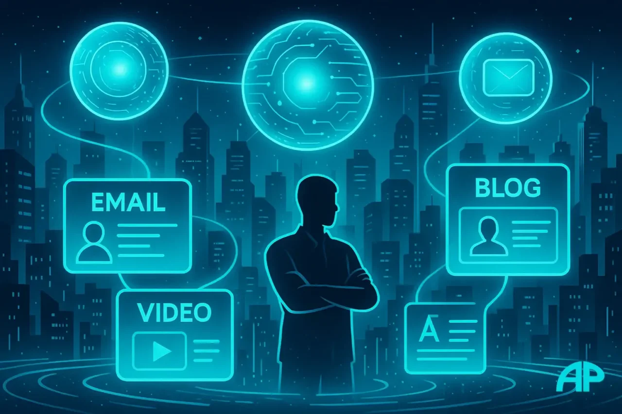 Futuristic city skyline with glowing AI orbs connected by neon pathways, projecting holograms of email, video, and blog content above a confident human figure.