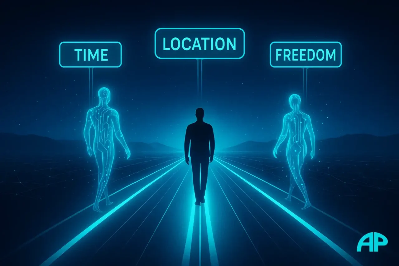 A human figure walks along a glowing turquoise and cyan digital road, guided by holographic signposts labeled Time, Location, and Freedom, with ethereal AI light-forms beside them.