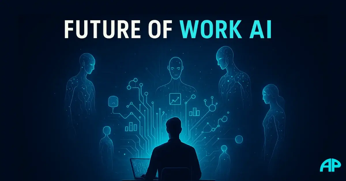 A futuristic digital illustration showing a human entrepreneur at a laptop surrounded by glowing AI entities, symbolizing the Future of Work and AI.