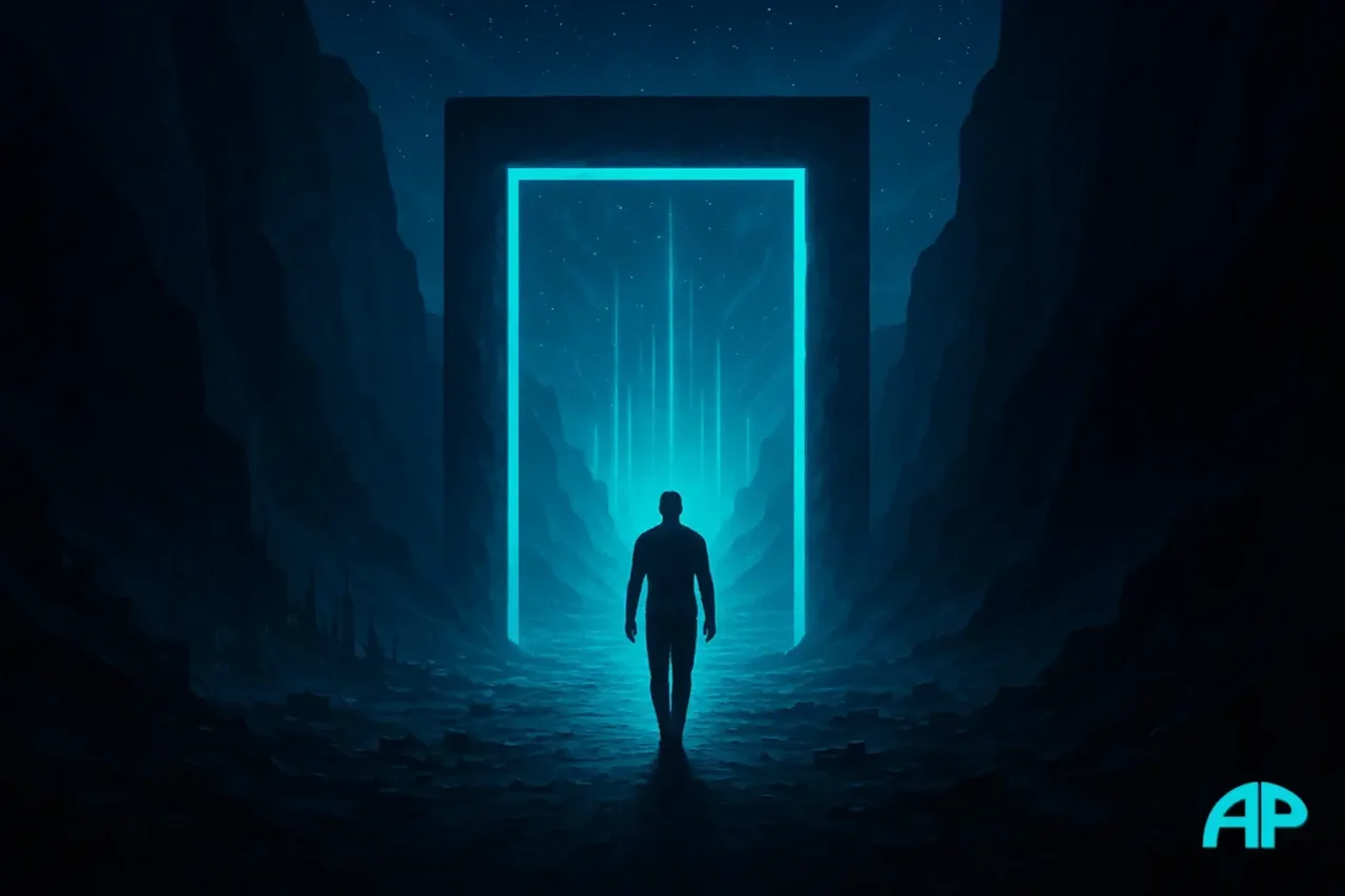 A lone figure walks through a glowing turquoise gateway between dark navy cliffs, leaving behind a chaotic digital wasteland for a radiant horizon of electric blue light beams.