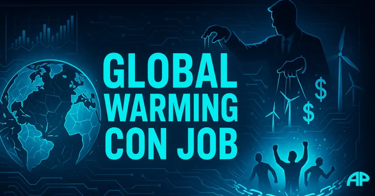 Digital artwork showing “Global Warming Con Job” with a fractured globe, puppet strings, dollar signs, and people breaking free from chains.