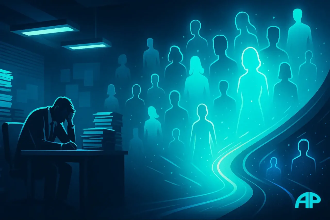 A weary office worker hunched at a cluttered desk under flickering lights, with glowing AI avatars offering a futuristic path forward.