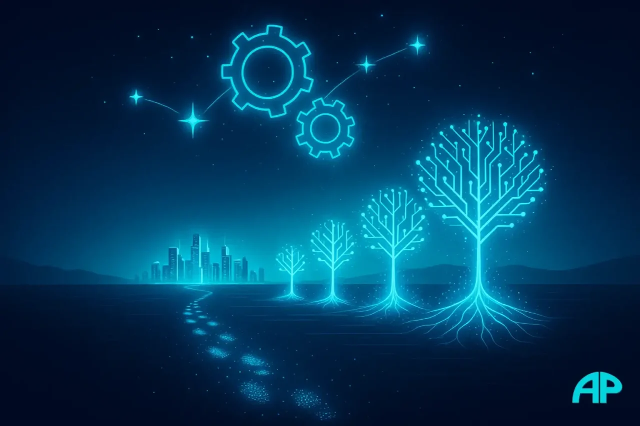 Glowing footprints carve a luminous path across a digital landscape, leading toward a futuristic AI-powered skyline under constellations shaped like gears.
