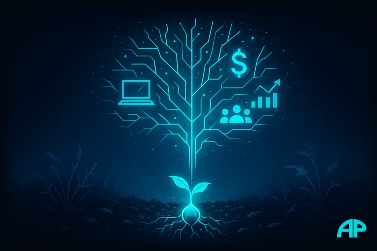 Stay consistent — a glowing turquoise seed grows into a radiant digital tree with neon icons of money, laptops, and community, while weeds fade away.
