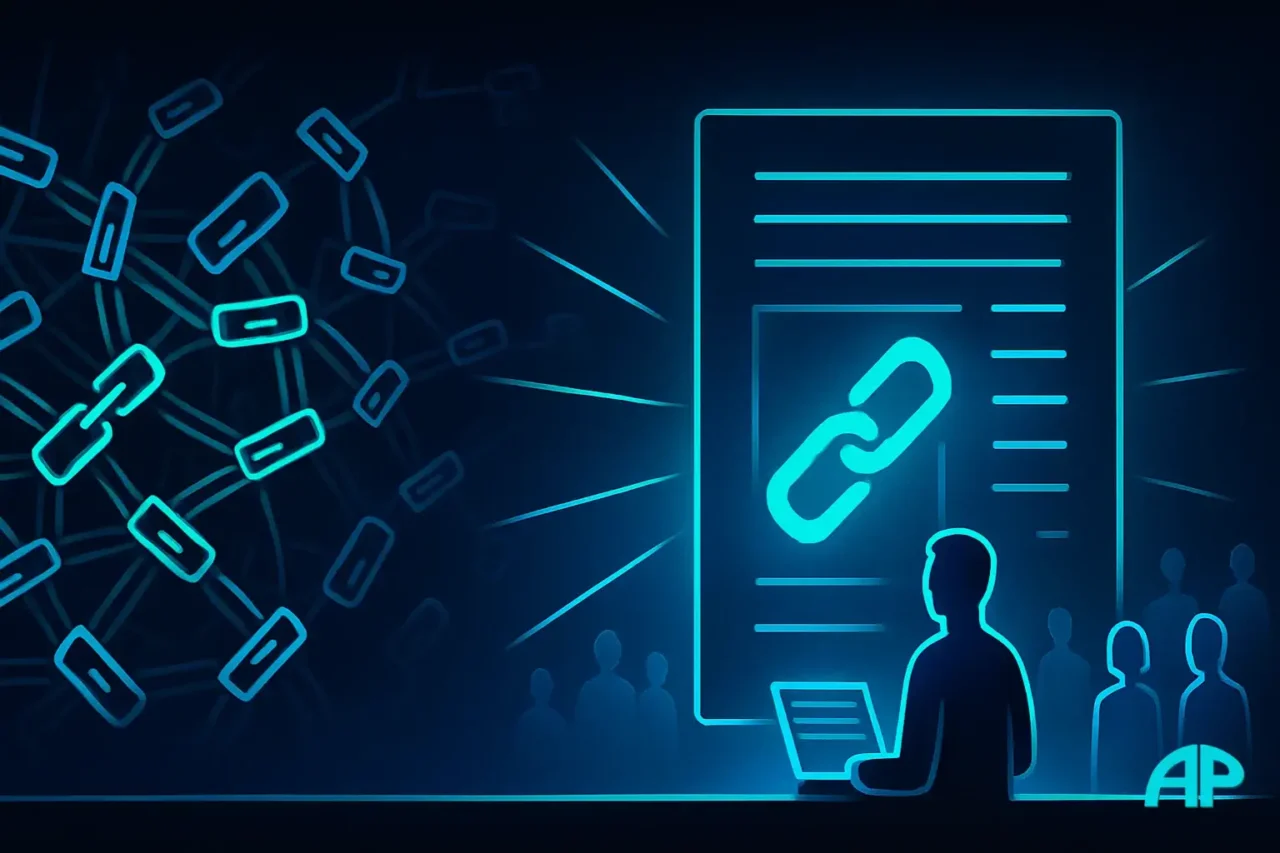 A digital illustration showing a chaotic web of dim cyan links on one side, contrasted by a single glowing turquoise link inside a piece of content attracting people toward it.