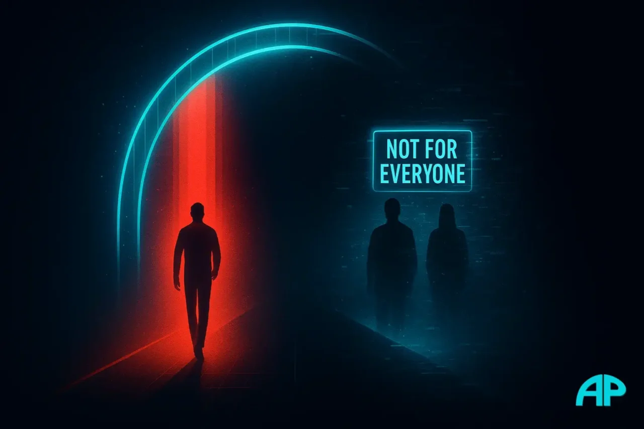 Digital artwork of two diverging paths under a glowing turquoise arch, symbolizing choices in Red Light Therapy use.
