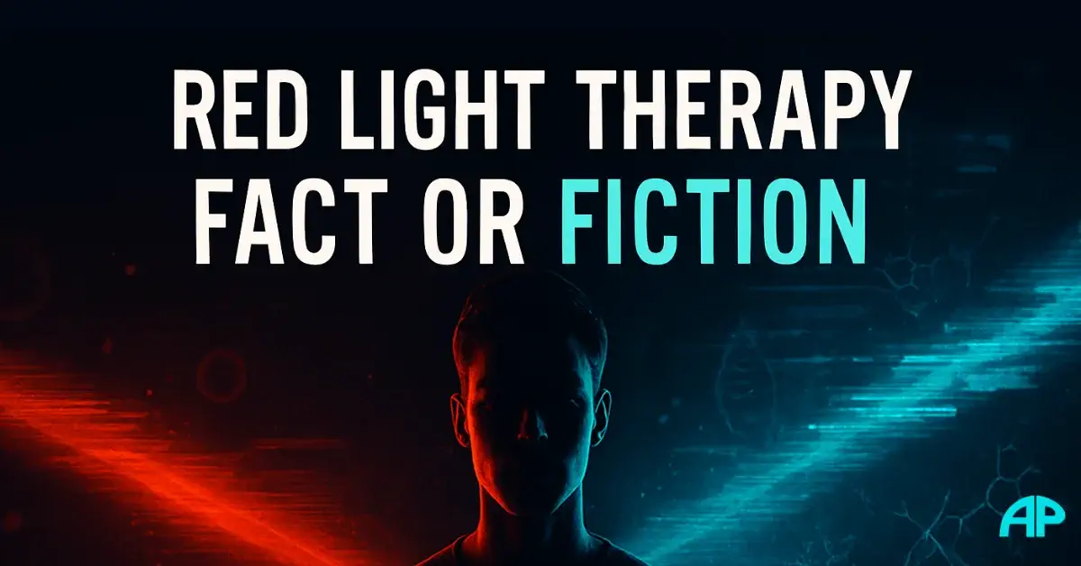 Cinematic artwork of a figure divided by red and turquoise beams, symbolizing the debate around Red Light Therapy fact or fiction.