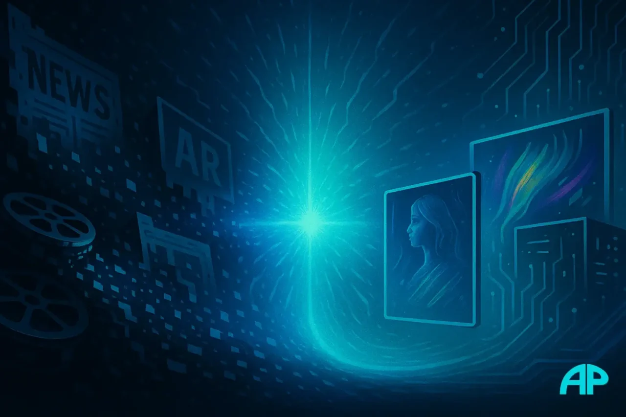 Split-screen digital artwork showing traditional creative industries crumbling into pixel dust on one side and glowing AI-generated visuals rising on the other.