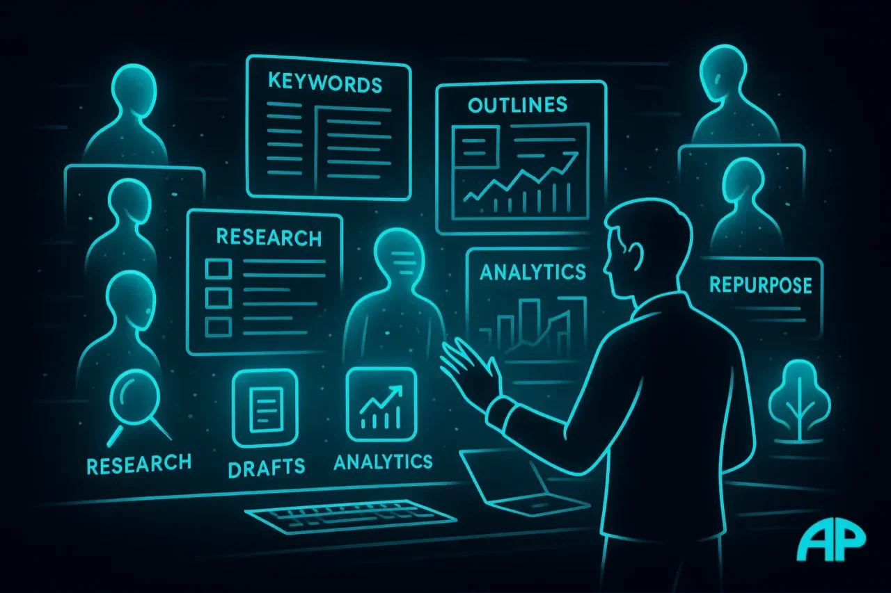 Futuristic workstation glowing in neon cyan with floating screens for research, drafts, analytics, and repurposing content.