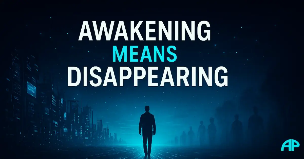 A silhouetted figure walks away from a glowing digital city toward a serene turquoise horizon, symbolizing Spiritually Awake True Freedom.