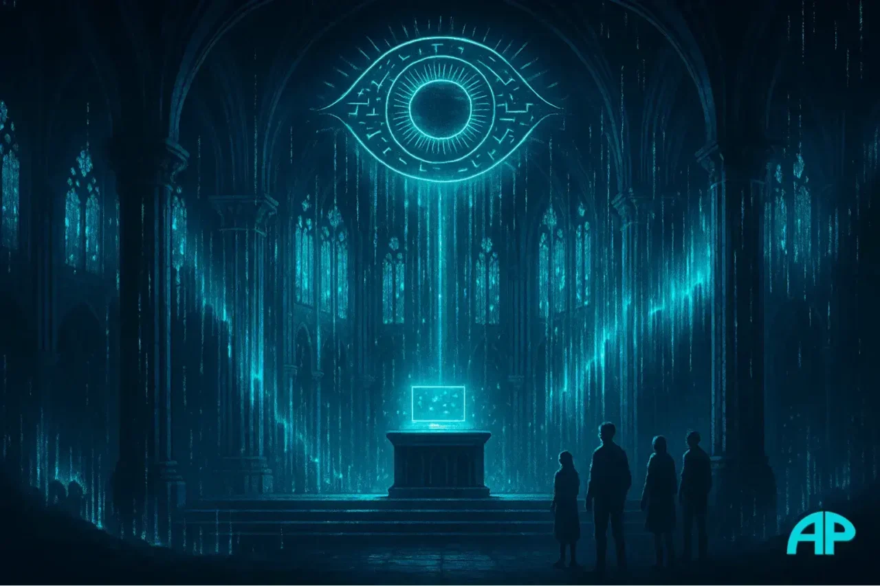 Shadowy faceless figure hovers over a glowing holographic globe divided into compartments showing human silhouettes, DNA strands, futuristic city towers, and a galaxy, all illuminated in turquoise and neon cyan.