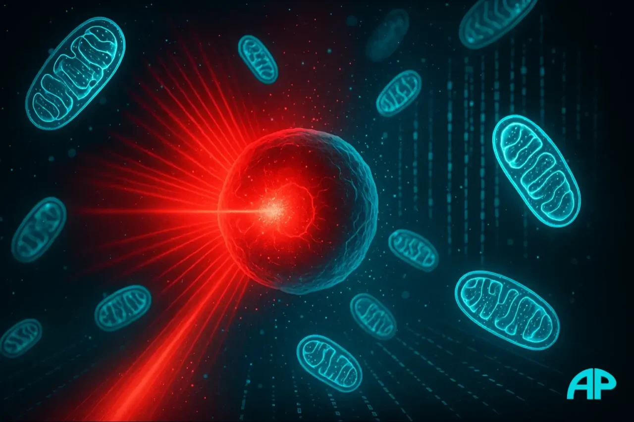 Close-up digital artwork of a glowing cell surrounded by mitochondria, with red light waves and turquoise code streams symbolizing healing science.