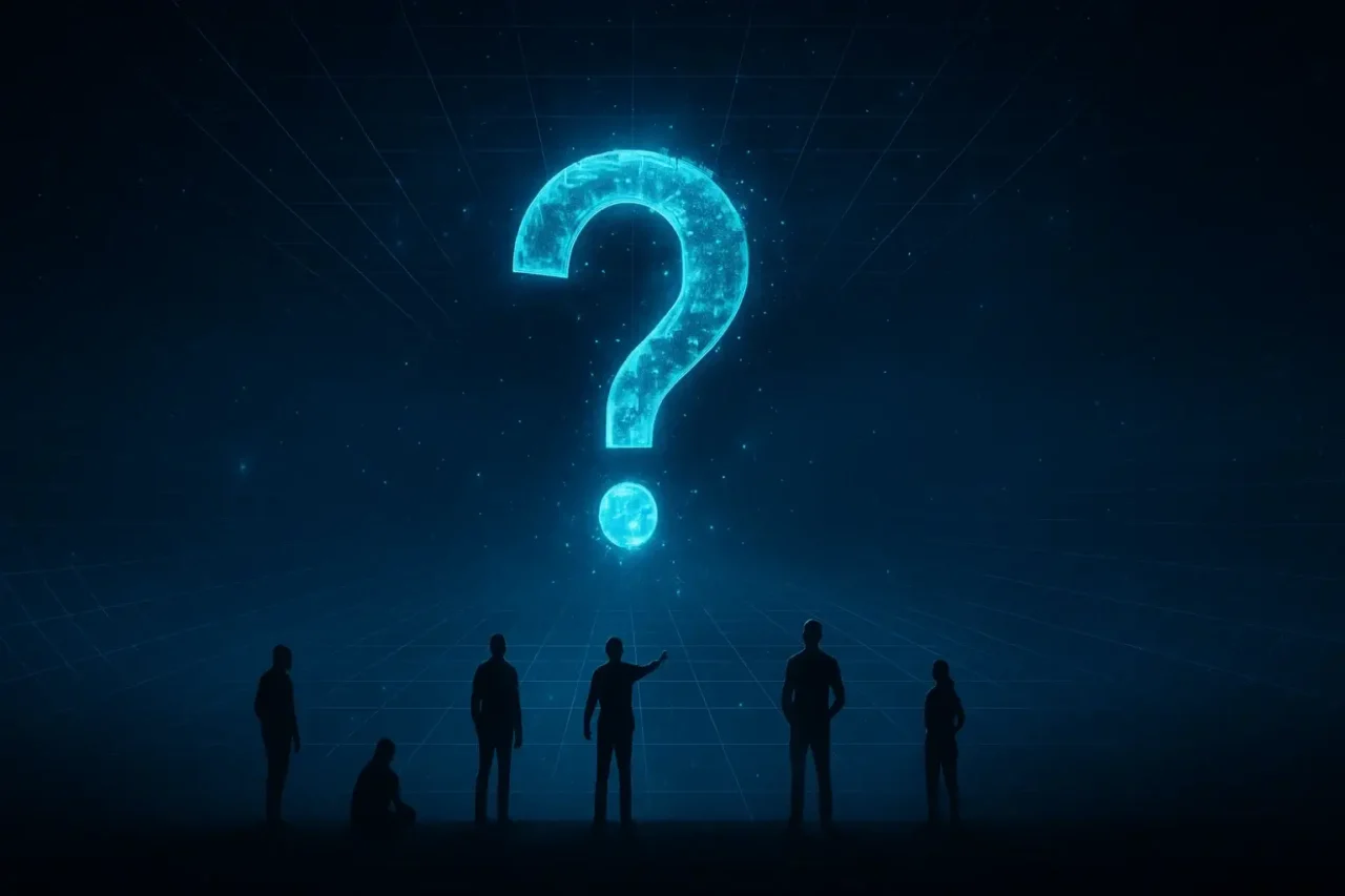 Wide digital artwork of humans silhouetted against a cosmic void, staring at a glowing fractured question mark made of neon cyan starlight and code grids, symbolizing the mystery of what’s outside the simulation.