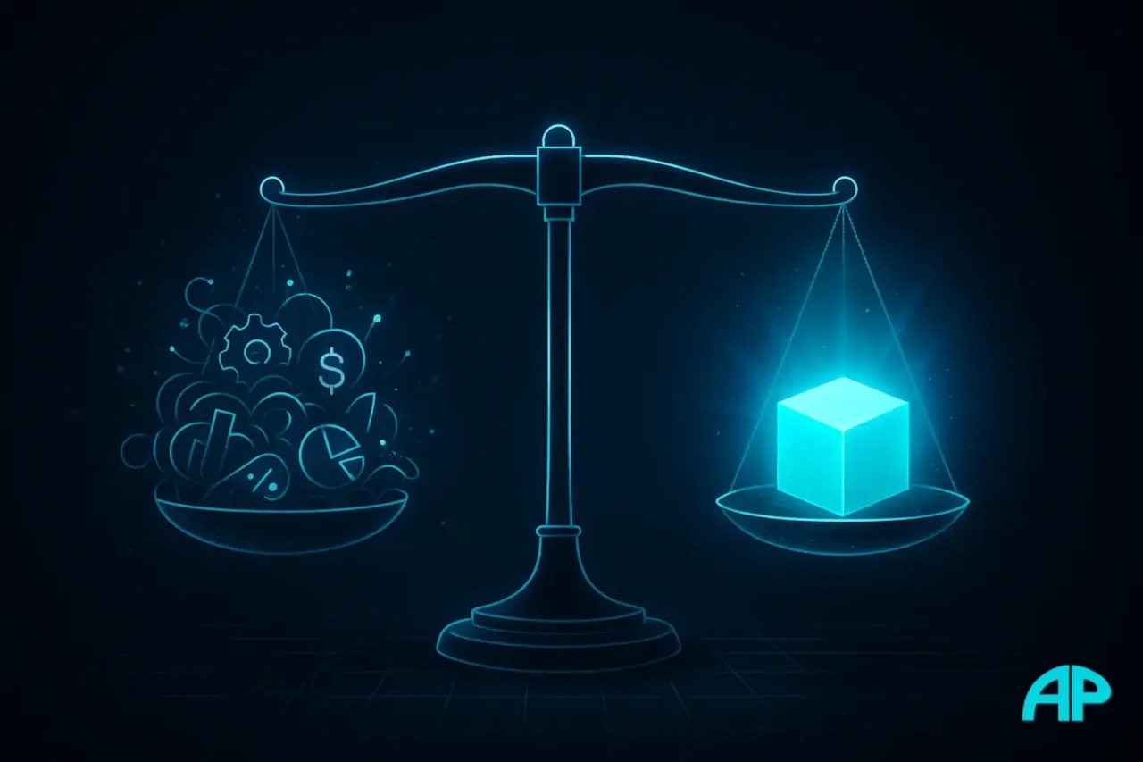 A glowing digital balance scale in a deep navy void, one side cluttered with confusing neon icons, the other side holding a single radiant turquoise cube symbolizing simplicity.