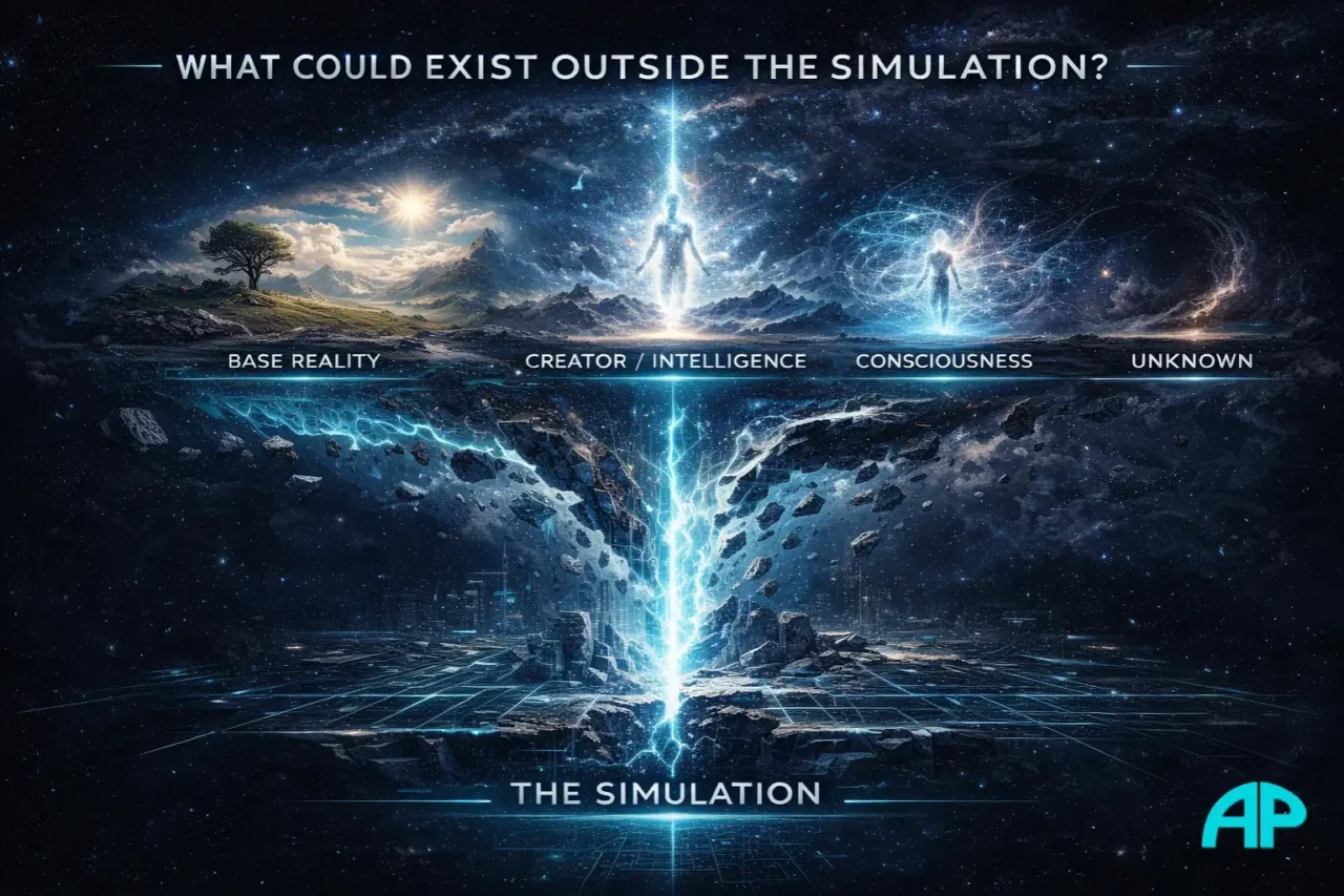 What&rsquo;s outside the simulation meaning infographic showing layered interpretations of reality beyond a digital world
