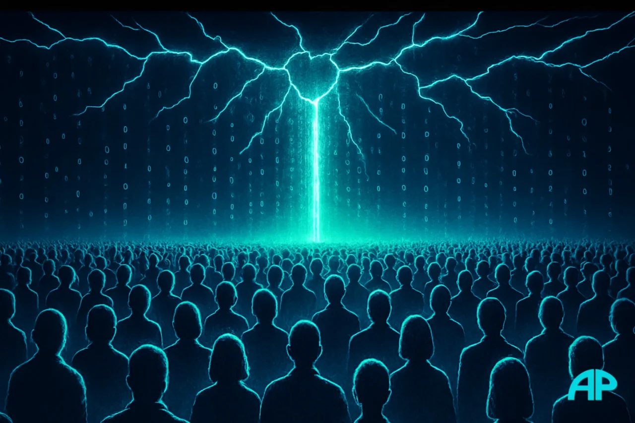 A massive crowd of silhouetted freedom seekers glowing turquoise beneath cracks in a digital sky with binary rain and neon cyan beams.