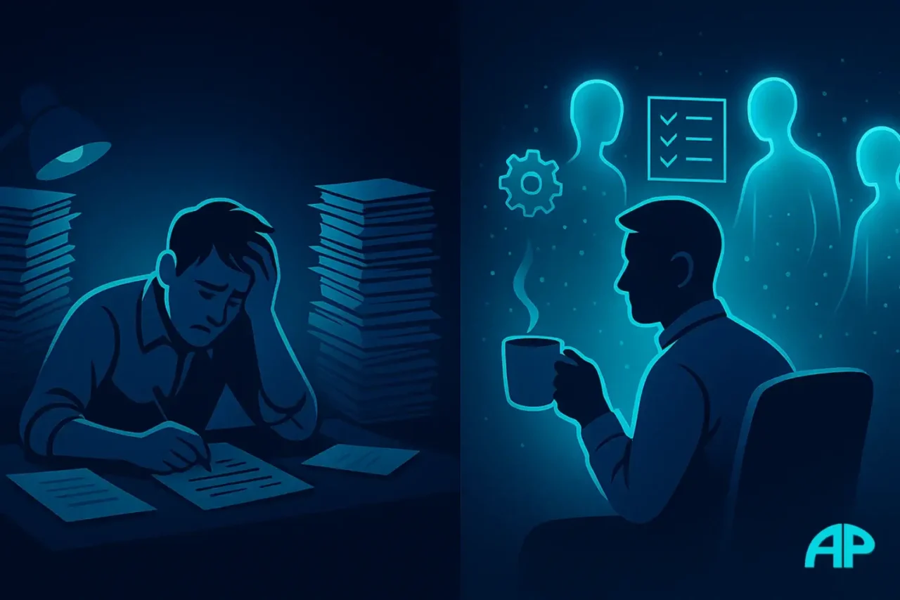 Two contrasting work scenes: a stressed worker buried in paperwork on the left, and a relaxed person enjoying coffee on the right while glowing AI assistants automate tasks.