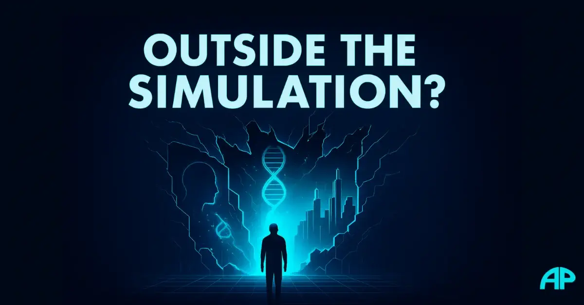 Futuristic digital artwork of a lone figure facing a glowing fractured portal with DNA strands, cityscape, and human profile, symbolizing the question what’s outside the simulation.