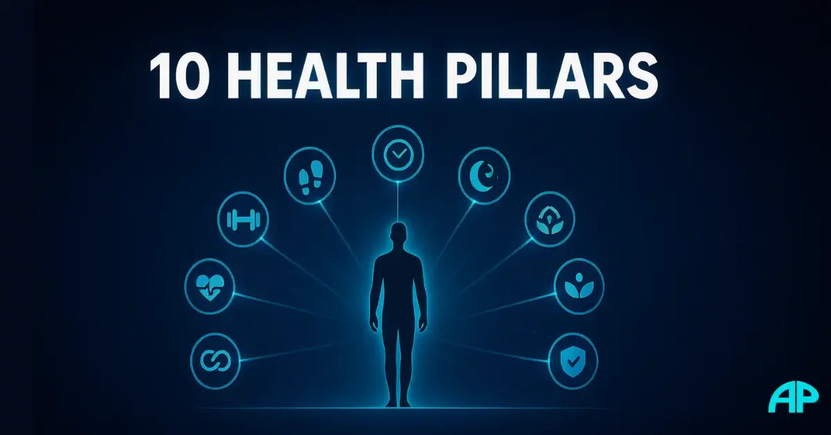 Illustration of the 10 Health Pillars showing a glowing human silhouette at the center with ten turquoise beams connecting icons that represent strength, movement, cardio, nutrition, sleep, stress, metabolism, mobility, connection, and prevention.