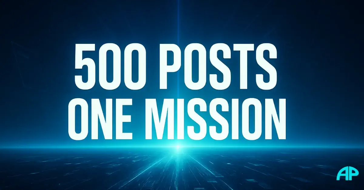 A bold cinematic digital artwork with glowing turquoise and white text reading “500 Posts One Mission,” symbolizing the milestone of 500 blog posts, creativity, and persistence.