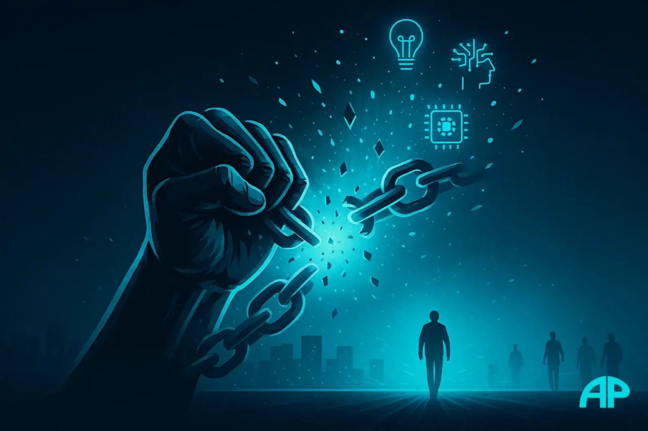 A symbolic digital artwork of a hand breaking glowing turquoise chains, releasing light particles that form icons of AI, creativity, and freedom as silhouettes walk toward a radiant cyan horizon.