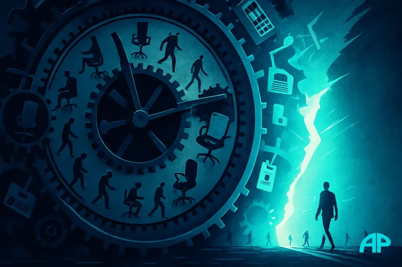 An abstract digital artwork showing a giant mechanical clock made from office objects like chairs and keyboards, symbolizing people trapped in routine work as light breaks through to represent awakening.