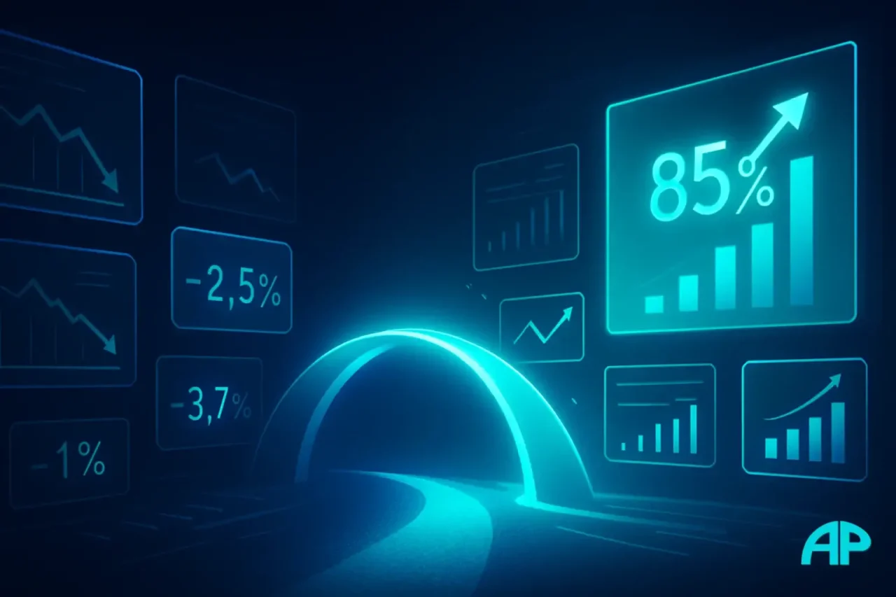 A futuristic digital illustration shows a glowing turquoise bridge connecting two contrasting worlds. On the left, dark dashboards show falling stats and red declines, while on the right, bright turquoise charts rise upward, symbolizing successful affiliate programs that actually convert.