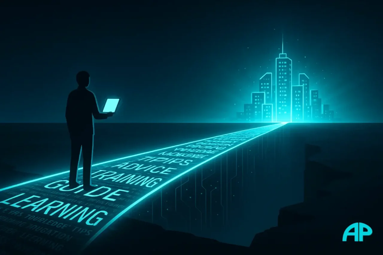 A turquoise neon bridge made of glowing text stretches across a dark chasm, connecting a lone figure with a blank tablet to a radiant city of light, symbolizing knowledge as the path to success.