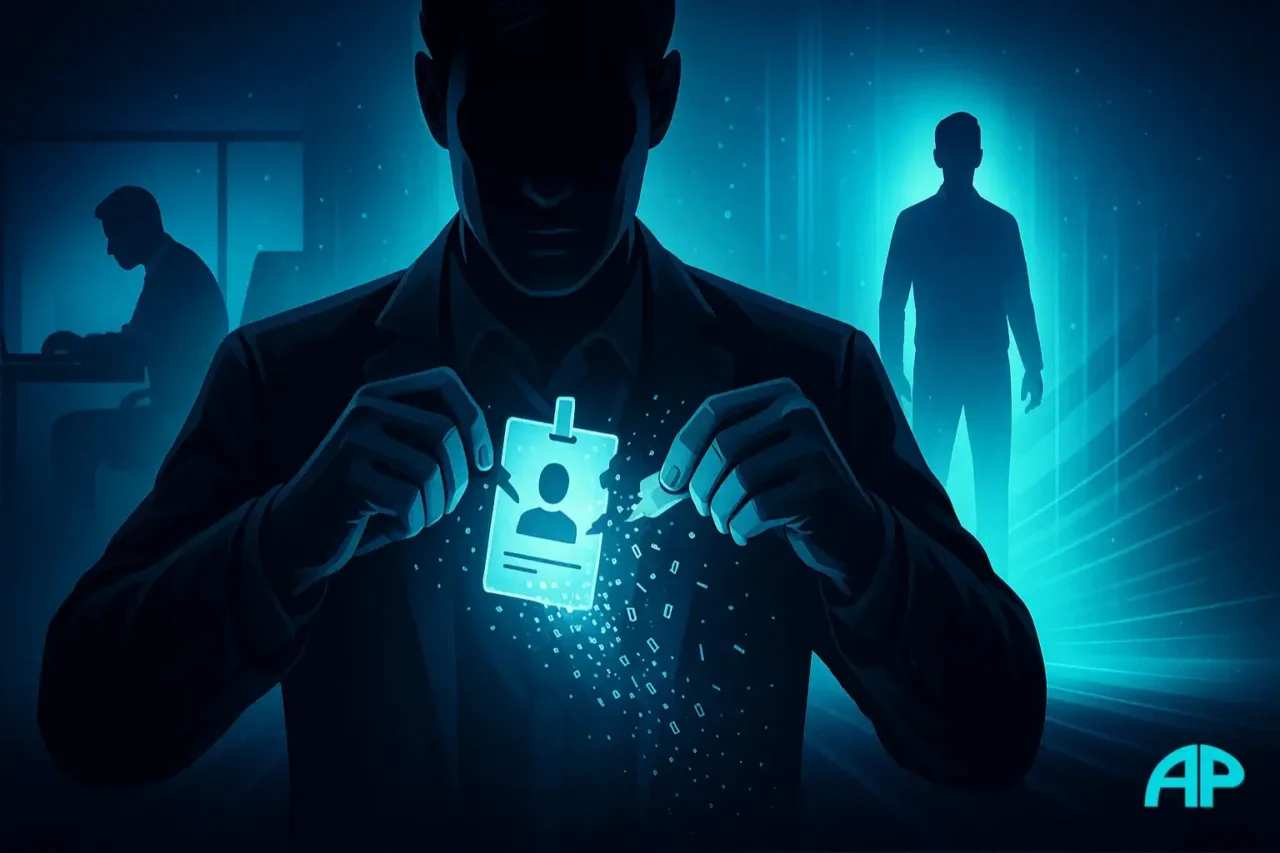 A close-up digital artwork of a person tearing off a glowing digital ID badge, with fragments dissolving into binary light as their reflection reveals transformation from trapped worker to free creator.