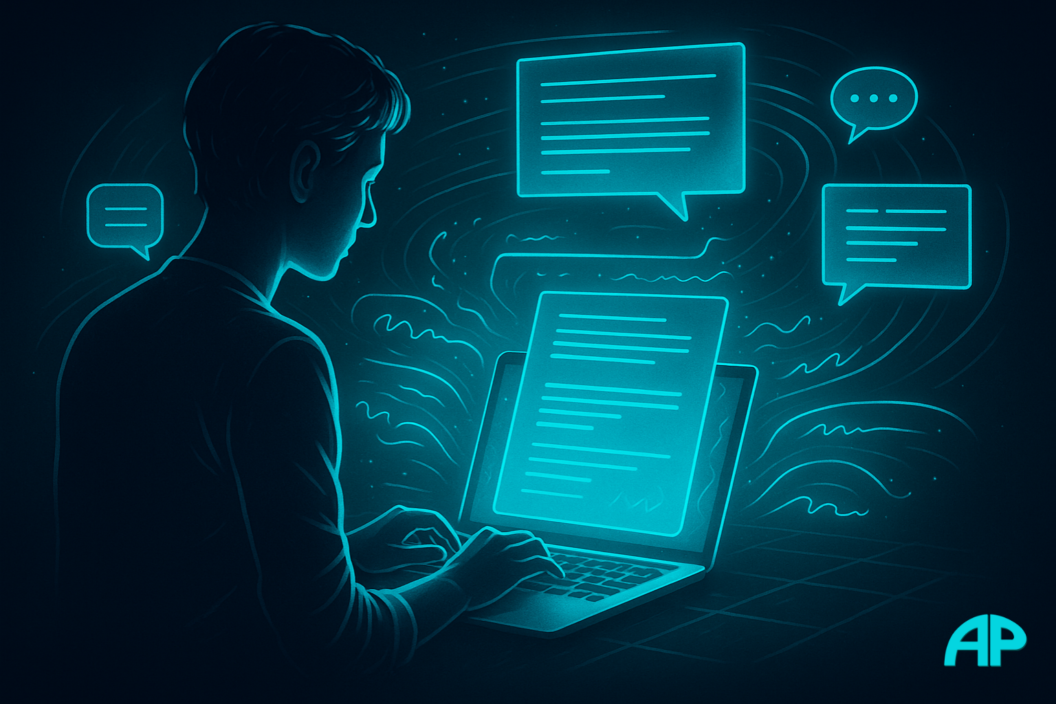 A digital writer typing on a glowing turquoise laptop surrounded by holographic blog posts and speech bubbles, symbolizing creativity and connection.