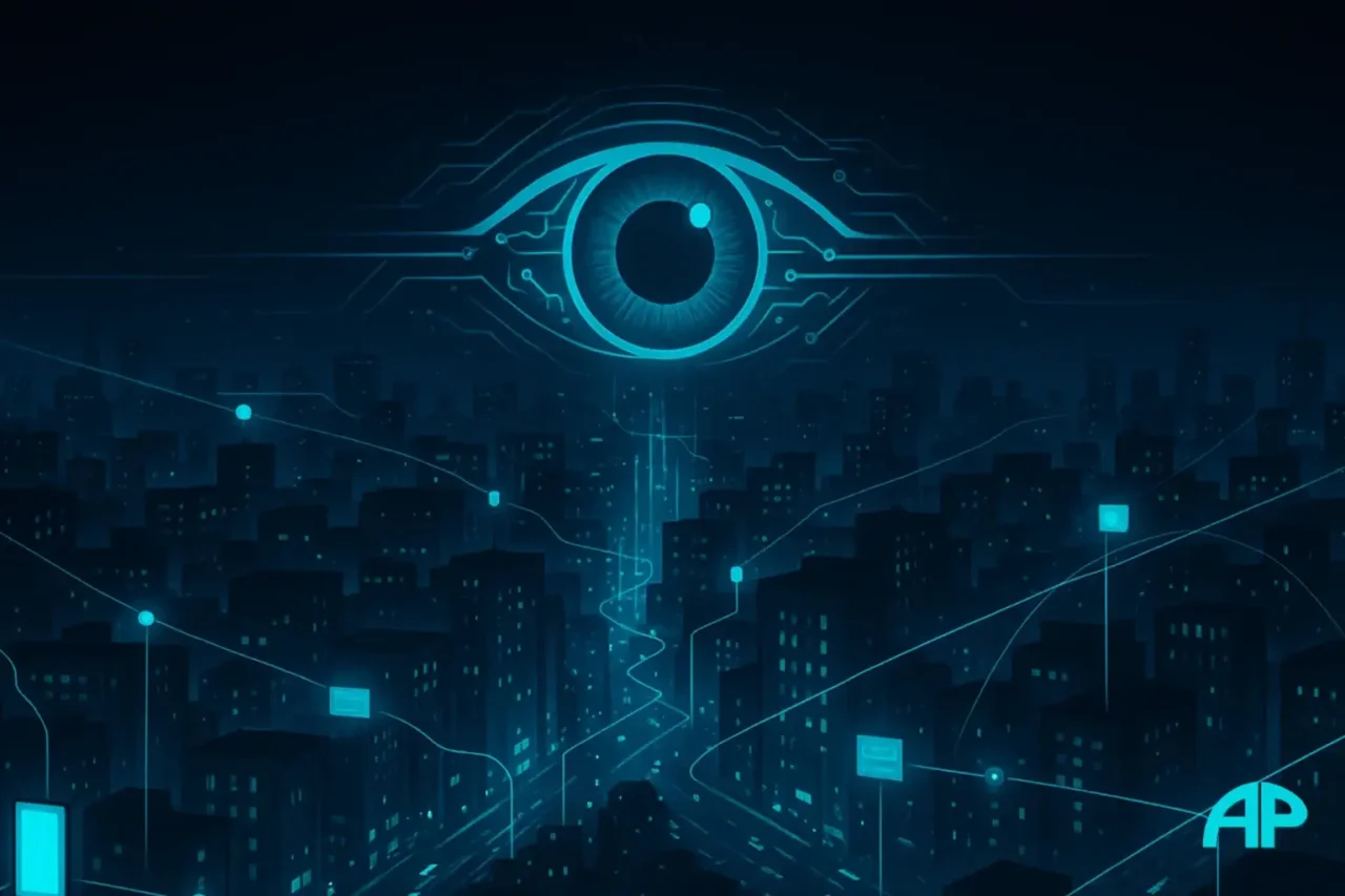 A futuristic city connected by glowing turquoise data threads beneath a massive digital eye, representing surveillance through digital ID and digital currency.