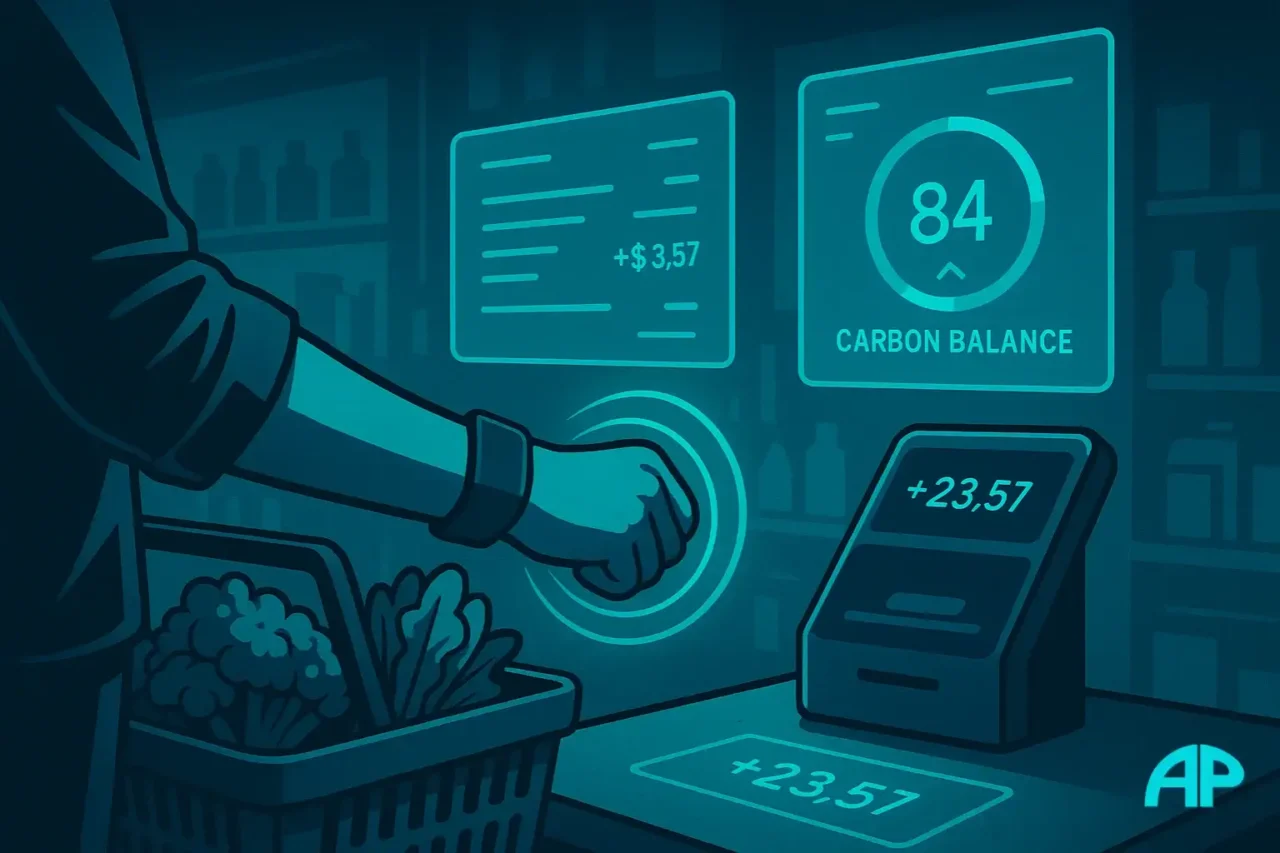 A person pays for groceries using a glowing turquoise wristband while holographic screens display live spending data and a carbon balance, symbolizing everyday dependence on digital ID and digital currency.