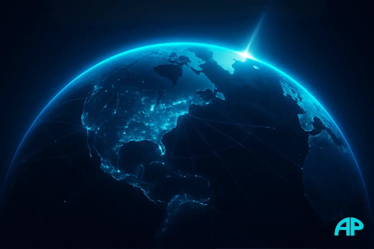 Earth viewed from space, half illuminated by turquoise light and half in darkness, with glowing data lines connecting continents, symbolizing the global reach