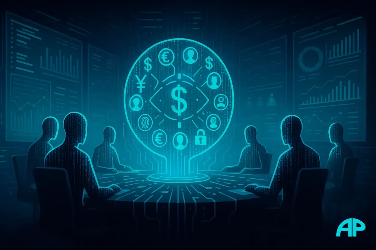 A futuristic command center with holographic, faceless figures surrounding a glowing turquoise globe of biometric icons and currency symbols, symbolizing centralized digital control.
