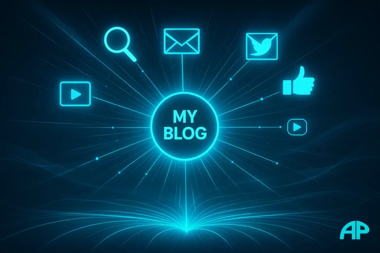 A glowing digital network radiates outward from a central turquoise circle labeled “My Blog,” surrounded by icons of search, email, and social media, representing how to Start an Affiliate Blog and drive traffic effectively.