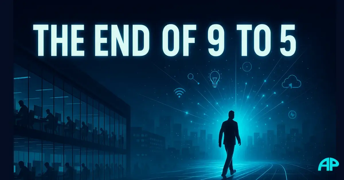 A cinematic digital artwork showing a man leaving a dim corporate office and walking toward a glowing turquoise digital horizon, symbolizing freedom and transformation in The End Of The 9 to 5.