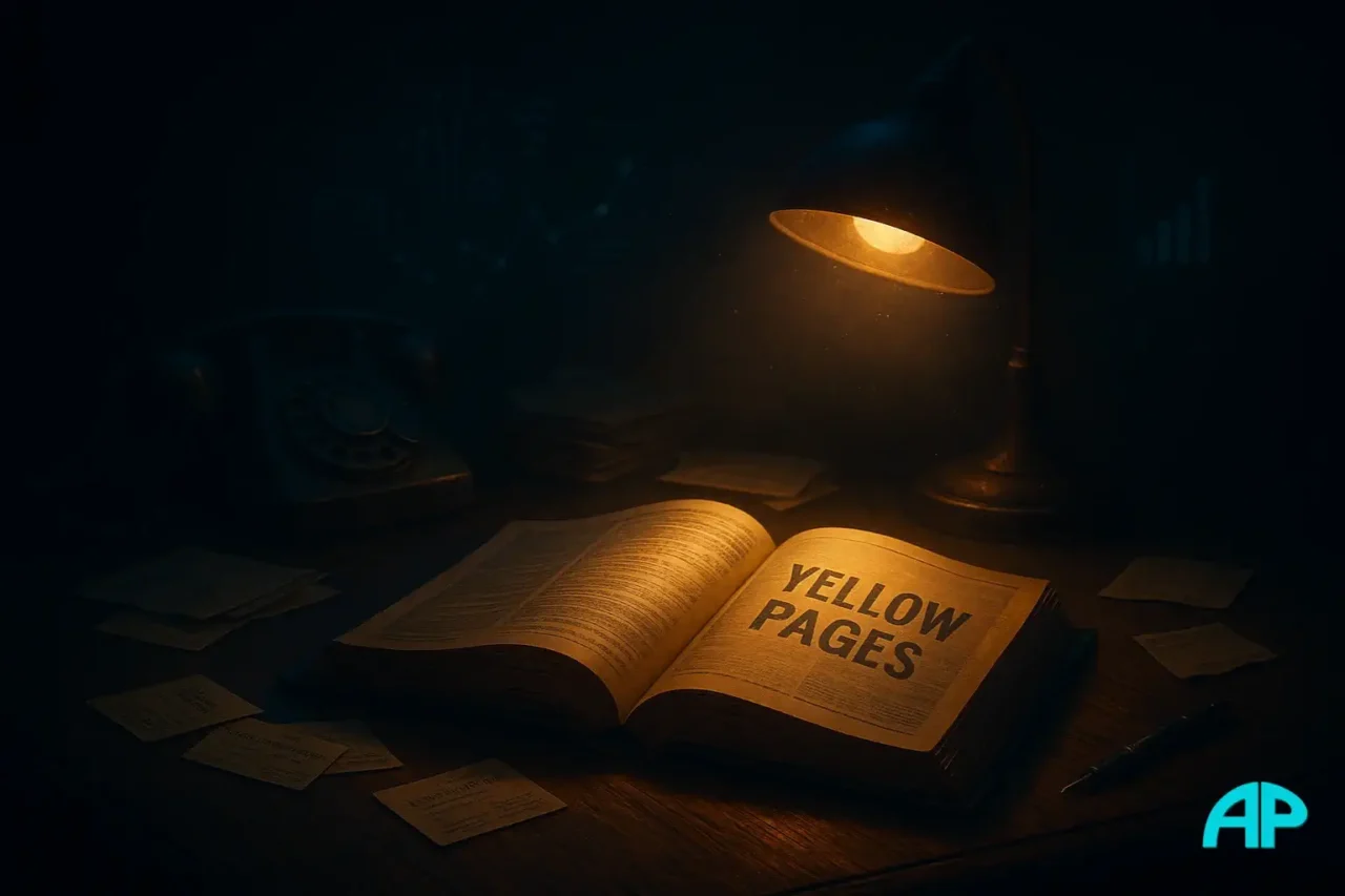 Cinematic image of an old desk with an open Yellow Pages book illuminated by a warm lamp, surrounded by a rotary phone, faded business cards, and invoices — symbolizing outdated small business marketing methods.
