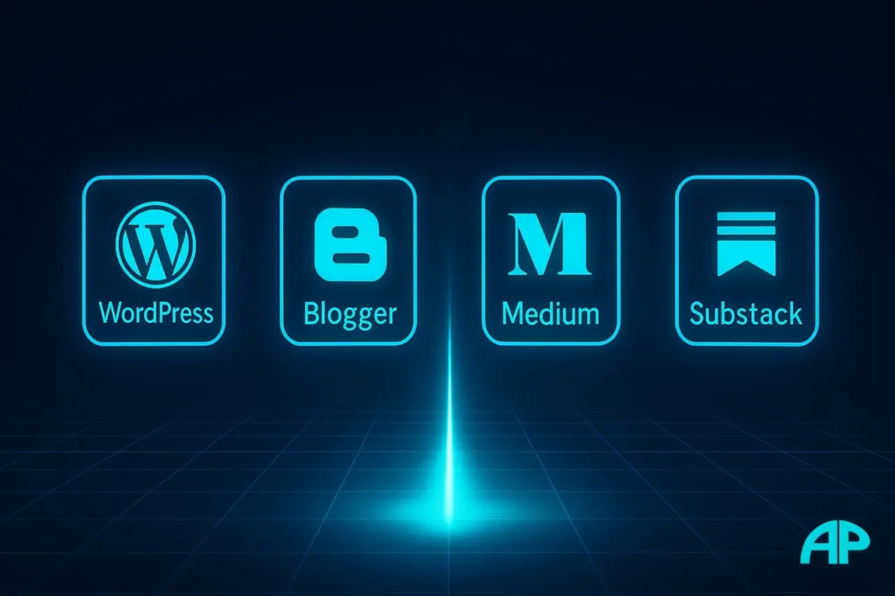Futuristic digital illustration showing glowing holographic icons for WordPress, Blogger, Medium, and Substack connected by a turquoise beam, representing free blogging platforms.