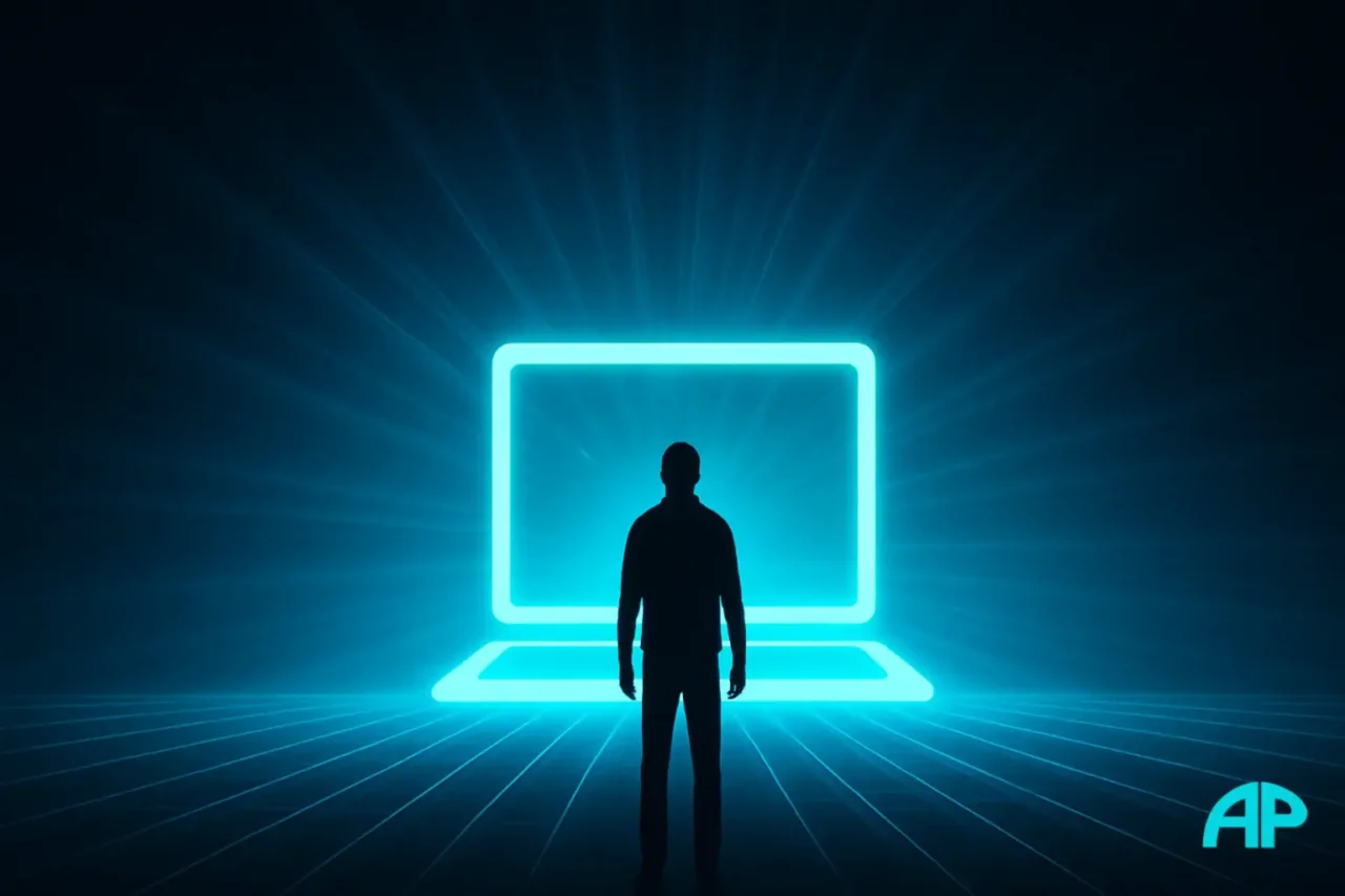 A silhouetted person stands before a glowing turquoise laptop-shaped portal emitting electric blue light, symbolizing freedom through blogging.