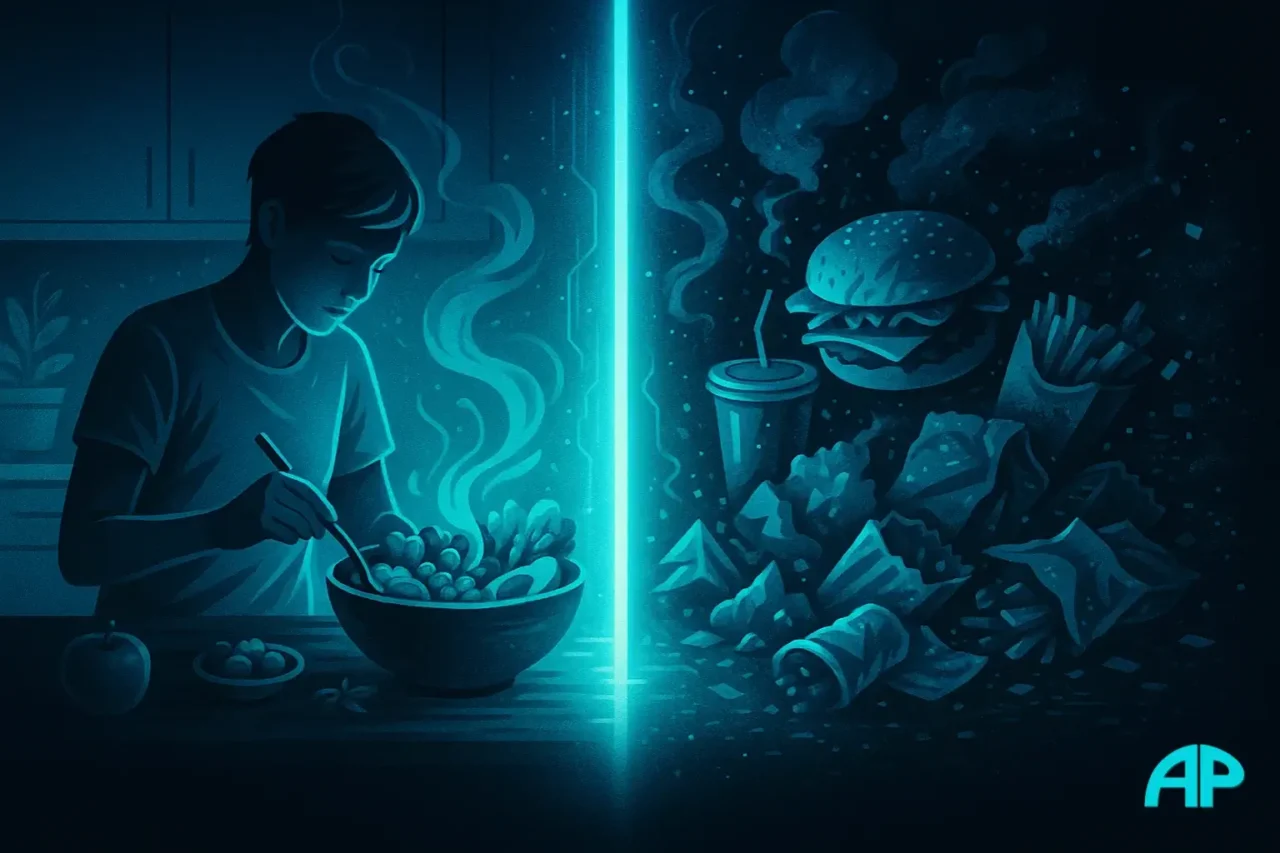 Digital illustration contrasting healthy eating habits and processed food temptation, divided by a glowing turquoise barrier symbolizing conscious choice.