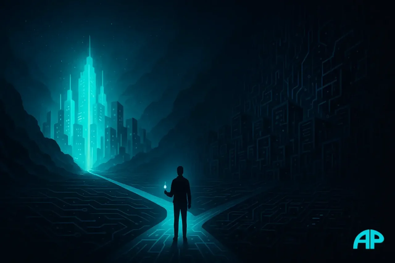 A lone human stands at a digital crossroads suspended in the void, one path leading toward a glowing turquoise city of progress, the other descending into a dark labyrinth of servers and data prisons, symbolizing the struggle between AI control and human freedom.