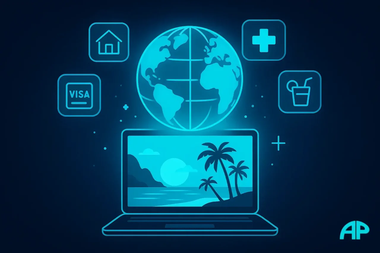 Flat-style digital illustration showing a glowing neon cyan globe above an open laptop with a tropical beach scene on its screen. Surrounding the laptop are softly glowing turquoise icons representing housing, healthcare, visas, and lifestyle, all set against a deep navy background with smooth light gradients.
