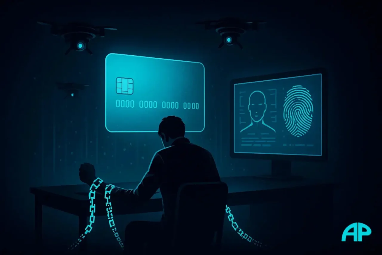 A figure sits chained at a desk with glowing binary code and QR code restraints, under surveillance drones and a hovering turquoise credit card cage, symbolizing modern chains of control.