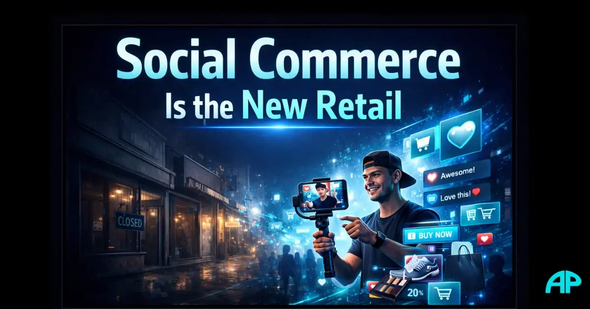 Futuristic social commerce scene showing a creator live streaming with floating product cards and buy buttons beside fading retail storefronts.