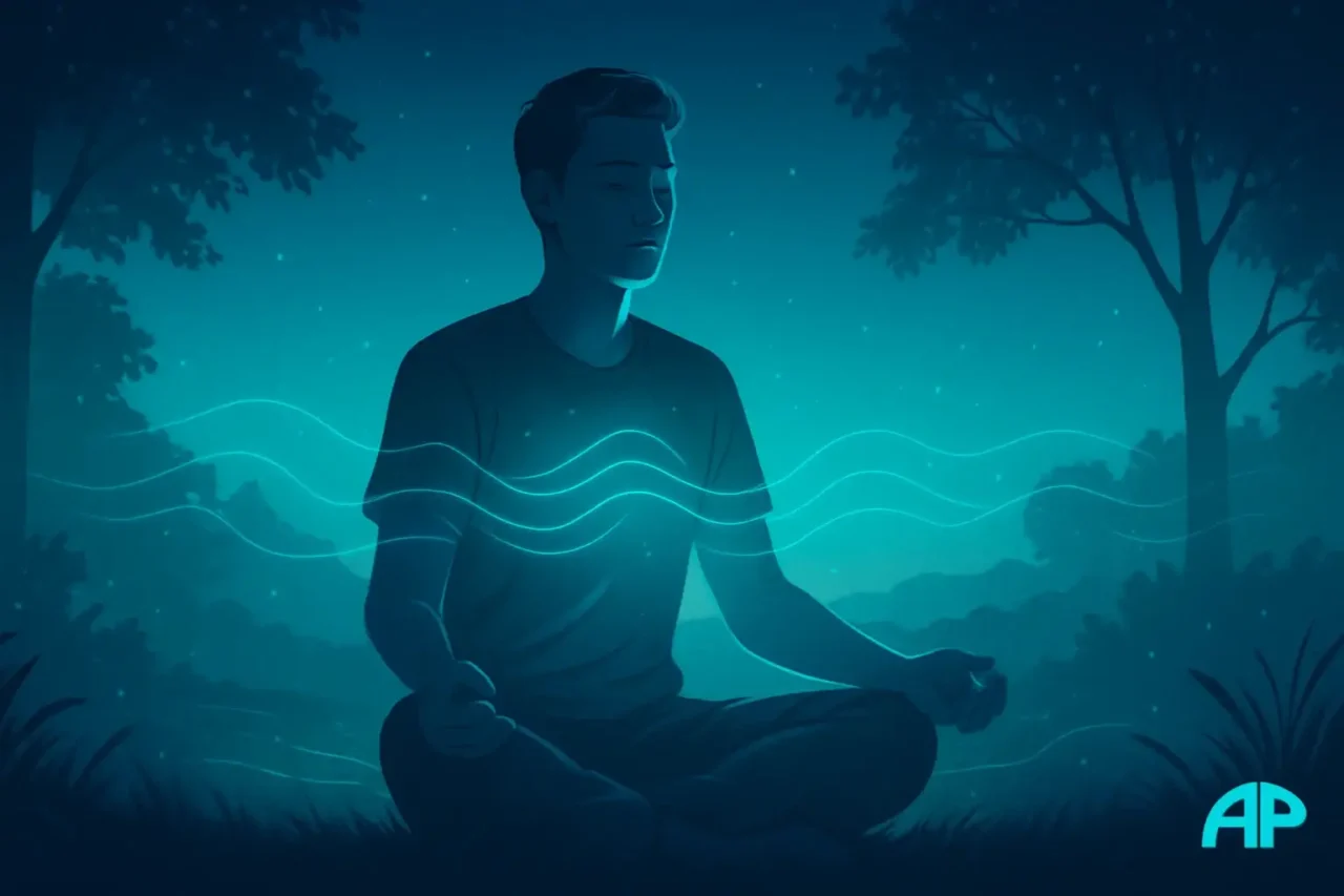 A peaceful digital illustration of a person meditating outdoors at twilight, turquoise energy lines flowing through air and nature to symbolize calm, focus, and nervous system balance.