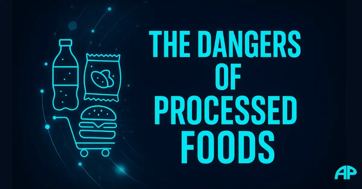 Digital illustration highlighting the dangers of processed foods, showing neon turquoise junk food icons on a dark navy background with bold typography.