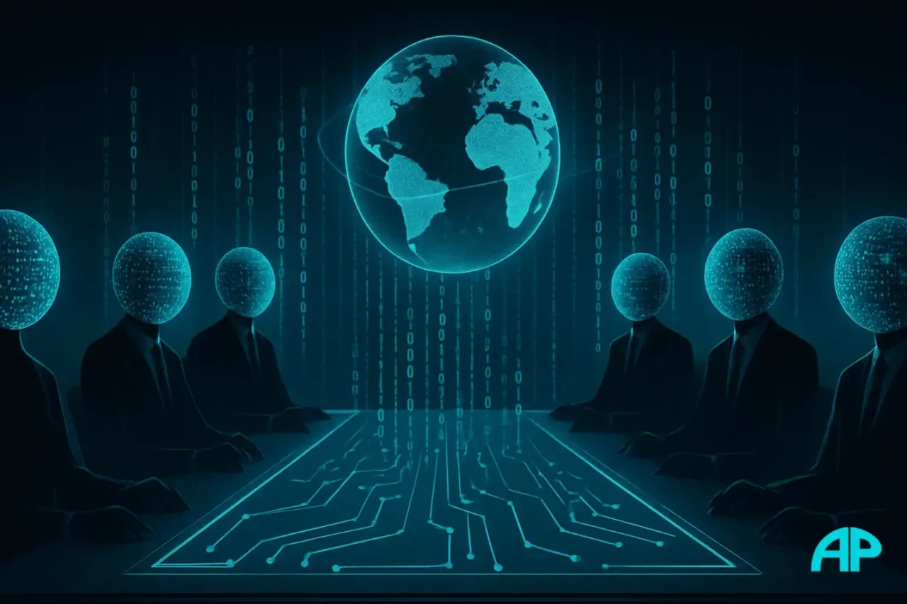 Faceless executives with glowing data sphere heads sit around a turquoise circuit-board table beneath a holographic Earth, as streams of binary code descend like puppet strings, symbolizing AI control and global manipulation.